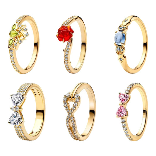 2026 New 925 Silver Eternal Shining Double Row Butterfly Love Heart Crown Ring Fashion DIY Charm Jewelry Exquisite Gift 